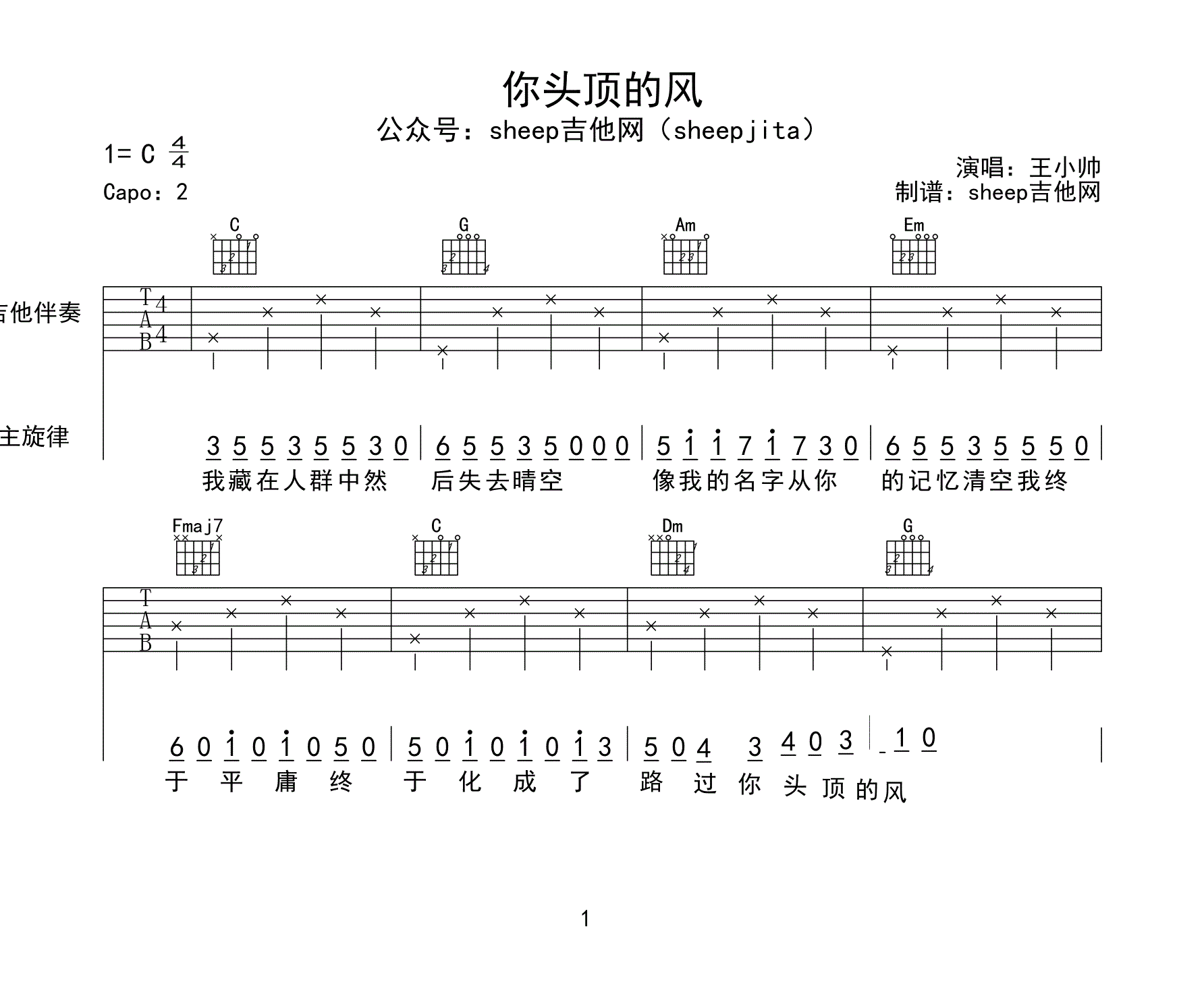 你頭頂?shù)娘L(fēng)吉他譜，王小帥，簡單彈唱譜