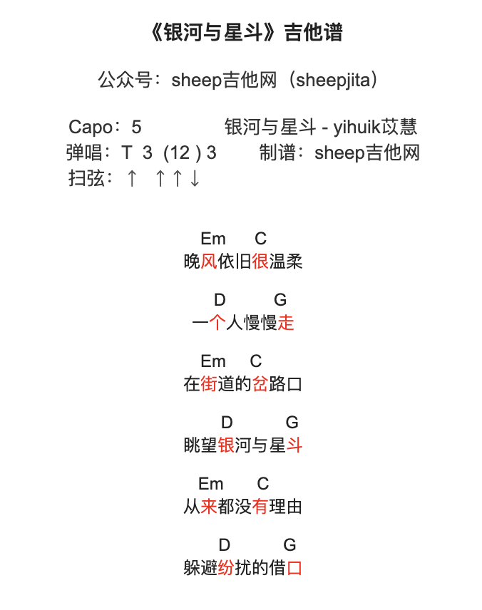 《銀河與星斗》吉他譜_yihuik苡慧_C調(diào)簡(jiǎn)單彈唱譜